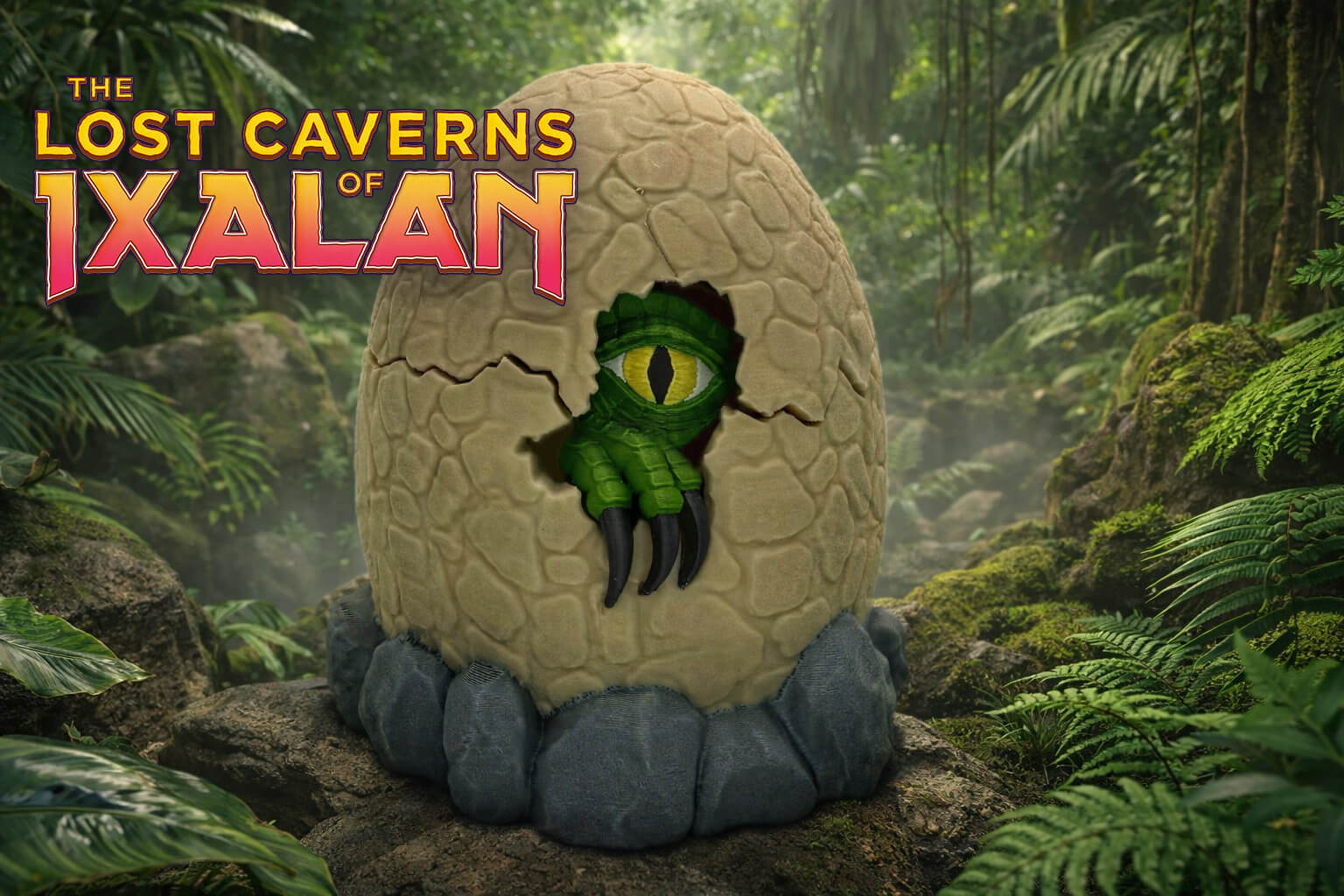 Hatchling emerging from a cracked egg with 'The Lost Caverns of Ixalan' text in a jungle setting