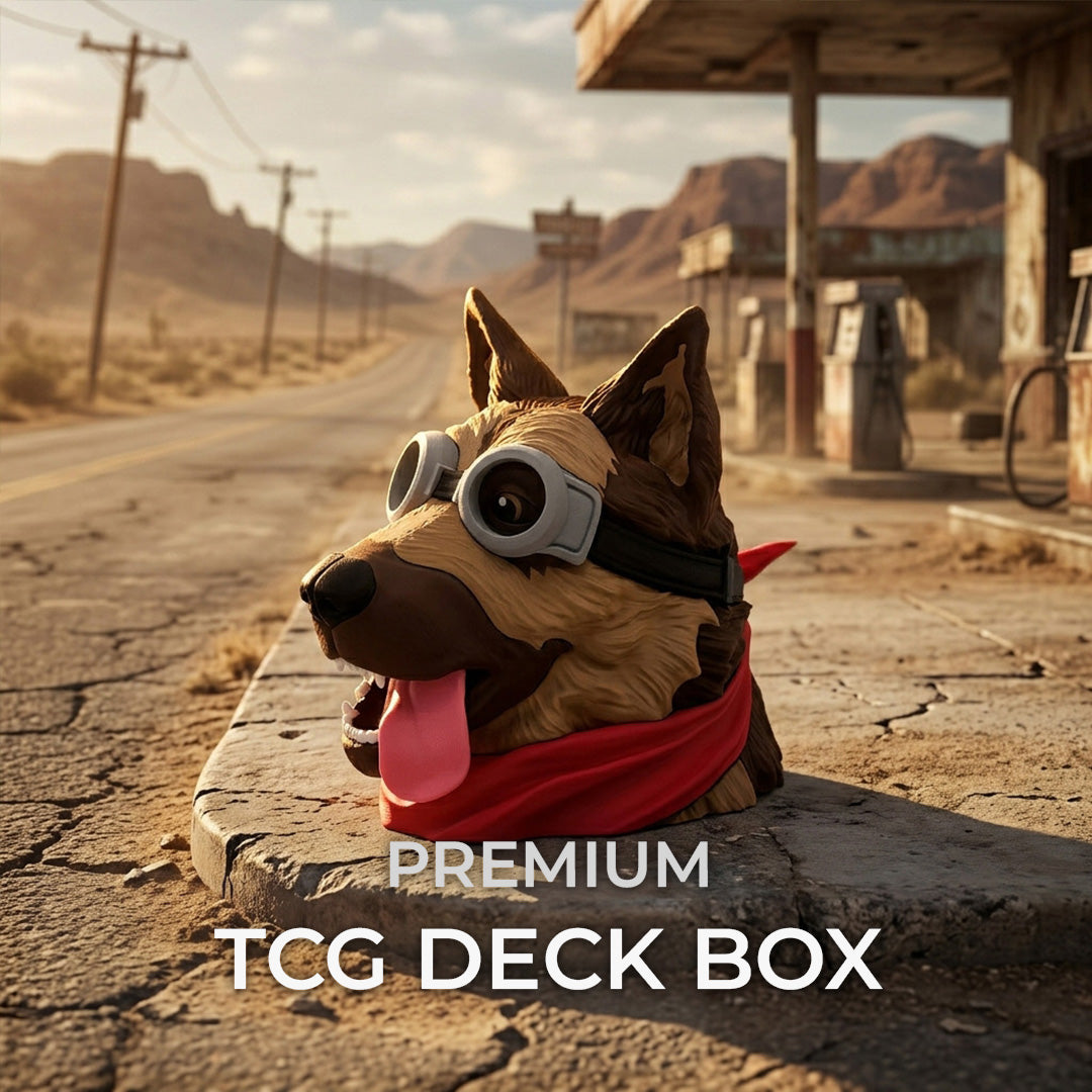 A stylized desert roadside scene with a dog-headed product figure wearing goggles and a red bandana in the foreground, with large text reading 'PREMIUM TCG DECK BOX' overlaid near the bottom.